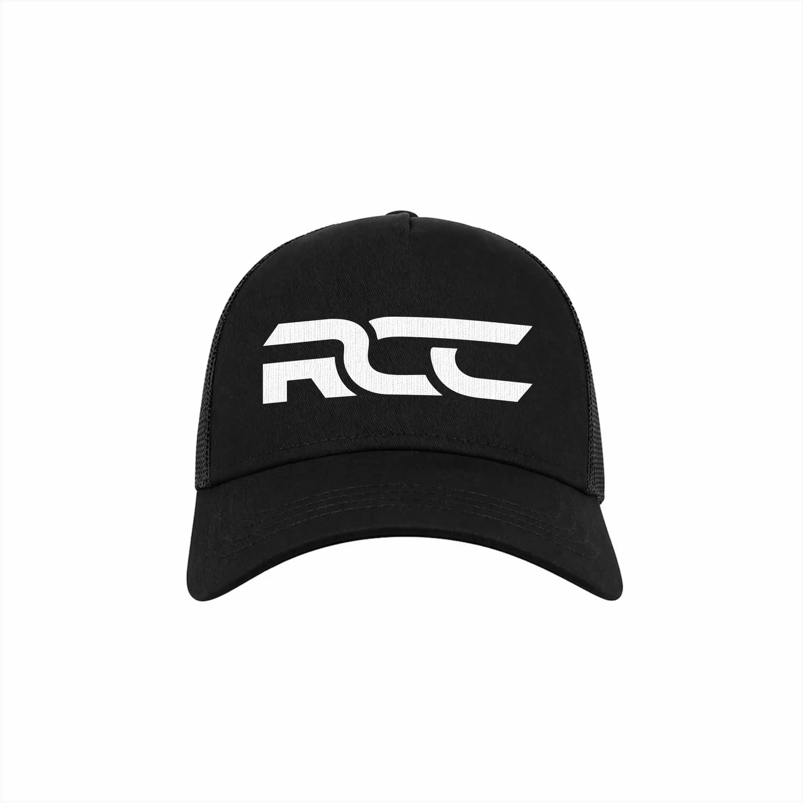 Czarna czapka RCustomCars z białym logo RCC — widok z przodu